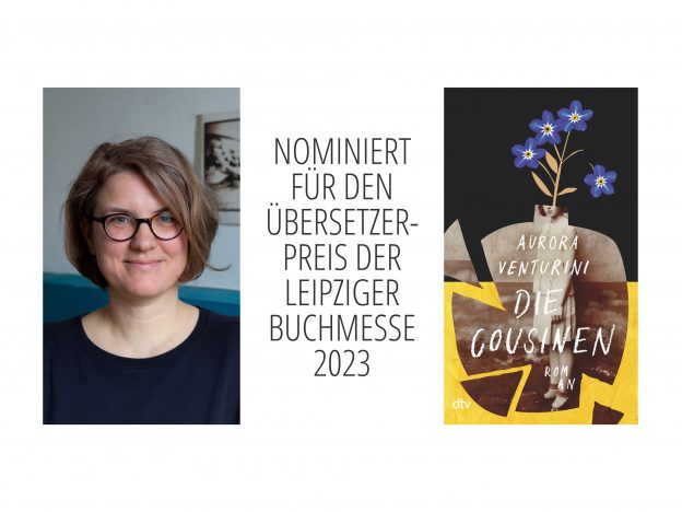 Collage: VFLL-Mitglied und Übersetzerin Johanna Schwering mit dem Romancover „Die Cousinen“