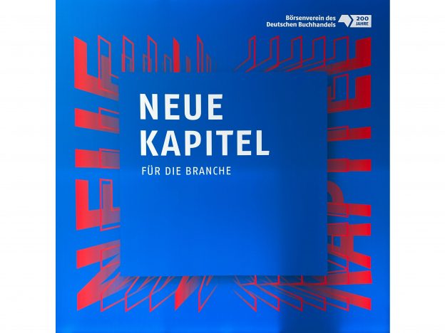 Plakat Jubiläumskongress des Bösenvereins: „Neue Kapitel für die Branche“ steht auf blauem Grund, umrahmt von stilisierter roter Schrift