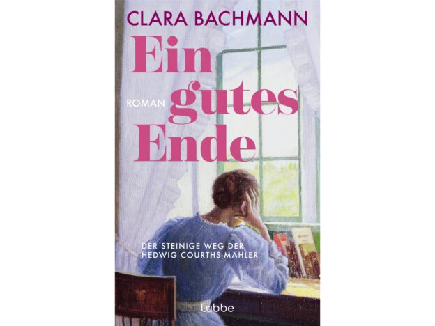 Cover des Romans "Ein gutes Ende" von Clara Bachmann: Auf einem Gemälde sieht man von hinten eine Frau mit Kleidung aus der Jahrhundertwende, die über ihren Schreibtisch gelehnt nachzudenken scheint.