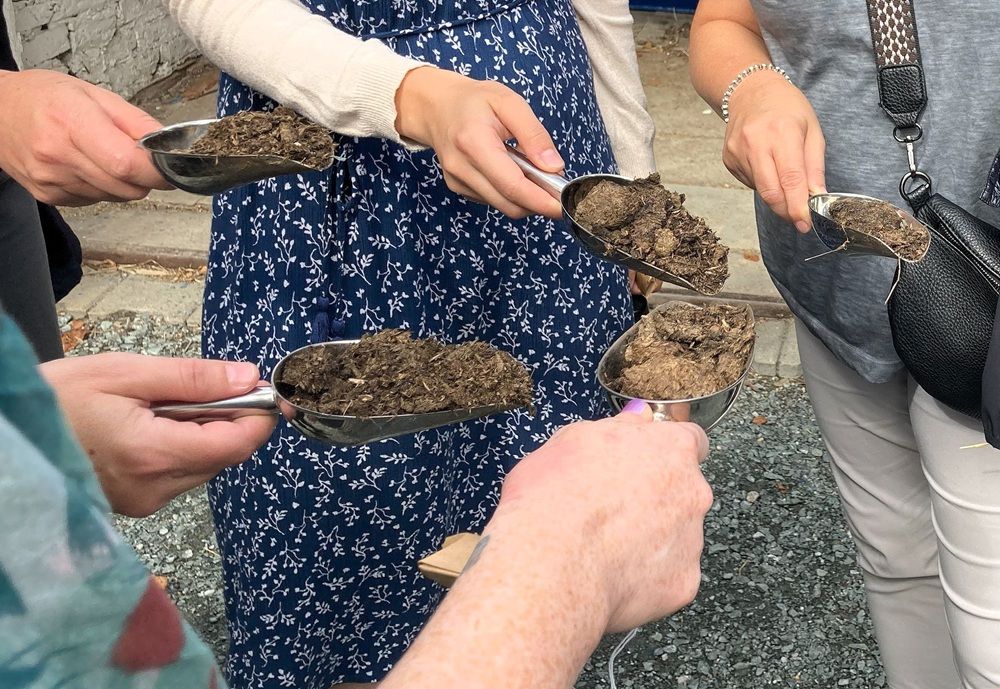 Fünf Personen halten ihre kleine Schaufel in die Mitte, gefüllt mit etwas, das wie Pferdemist aussieht.