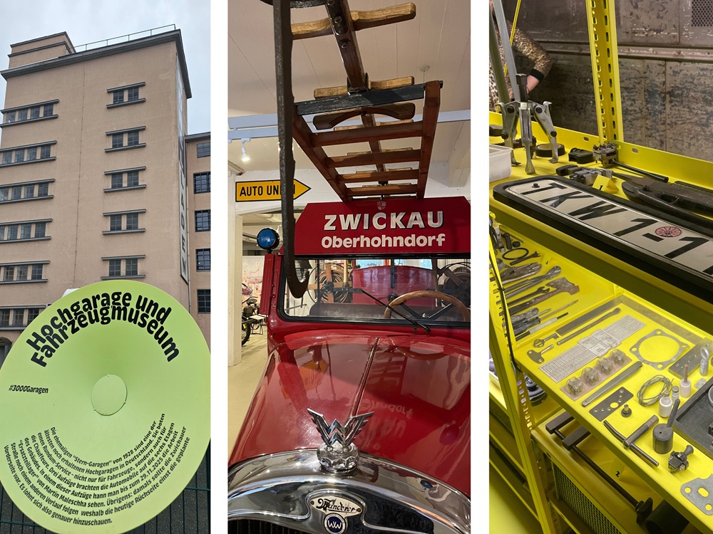 Collage aus drei Fotos: links Die Hochgarage, Sitz des Sächsischen Fahrzeugmuseums, in der Mitte ein altes Feuerwehrauto und rechts eine Installation aus Werkzeug und Autoteilen auf knallgelbem Untergrund