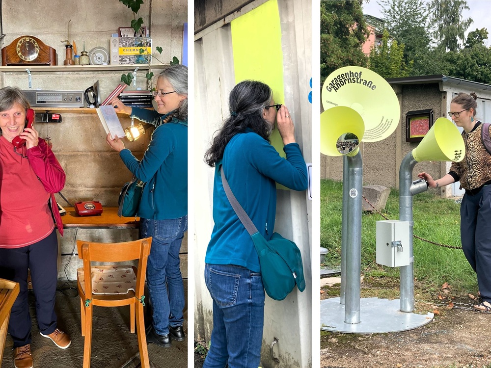 Collage aus drei Fotos: Links zwei Lektorinnen in einem vollgestellten Garagenraum, eine hat ein Telefon in der Hand. In der Mitte lugt eine Lektorin durch ein Loch in einen Garagenraum. Rechts kommen große gelbe Trichter aus dem Boden.