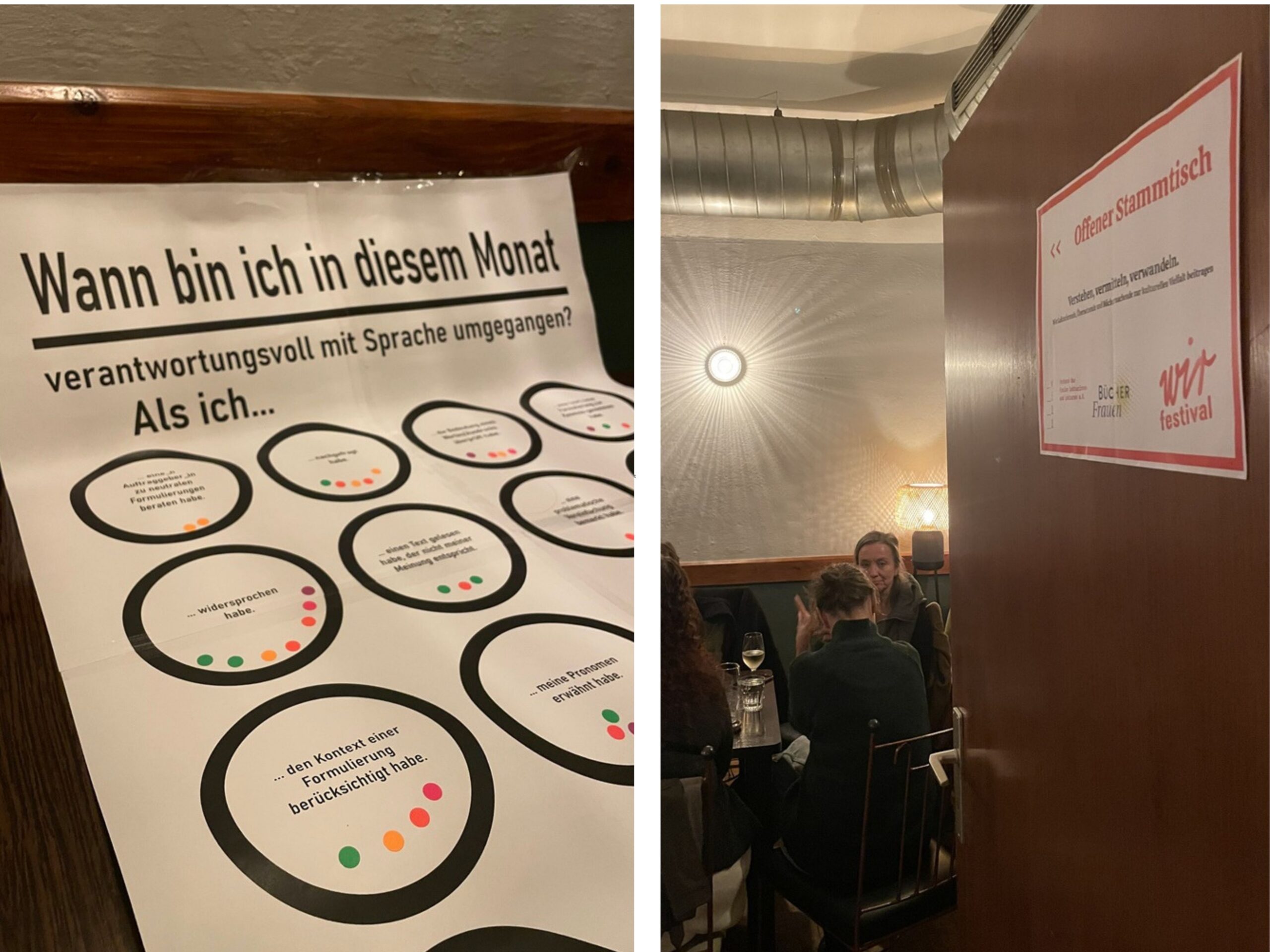 Links ein interaktives Plakat. Oben die Frage, wann man das letzte Mal verantwortungsvoll mit Sprache umgegangen ist. Drunter Szenarien, zu denen Teilnehmende ihre bunten Punkte kleben konnten in einer Art Abstimmung. Rechts das Schild, das zum Nebenraum und dem offenen Stammtisch des VFLL leitete