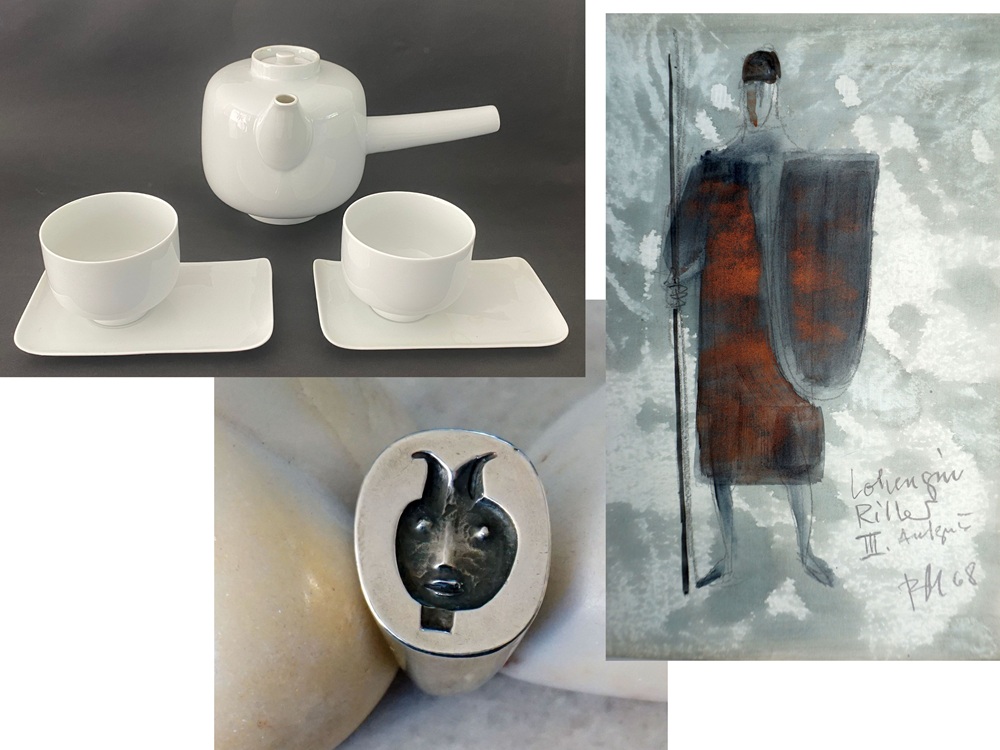 Drei Fotos, oben links weiße schlichte Keramik: eine Kanne und zwei Tassen mit Untertellern. In der Mitte ein Silberring mit einem gehörnten Gesicht darauf. Rechts die Zeichnung eines roten Kostüms mit Schild und Stab.