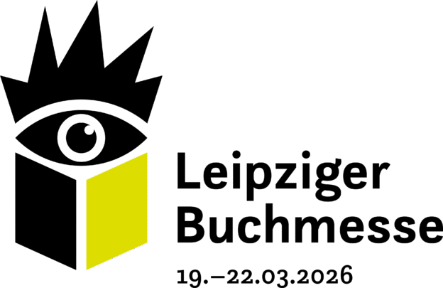 Logo der Leipziger Buchmesse 2026: ein Auge mit buschigen Augenbrauen über einem Buch, dessen eine Seite schwarz und die andere gelb ist