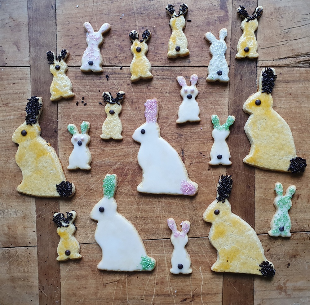 Osterhasenplätzen auf einem Holztisch. Manche Hasen sind gelb (mit Eistreiche) mit Schoko-Ohren und -Schwänzen, andere sind mit Zuckerguss bedeckt und haben rosa oder grüne Ohren und Schwänze. 