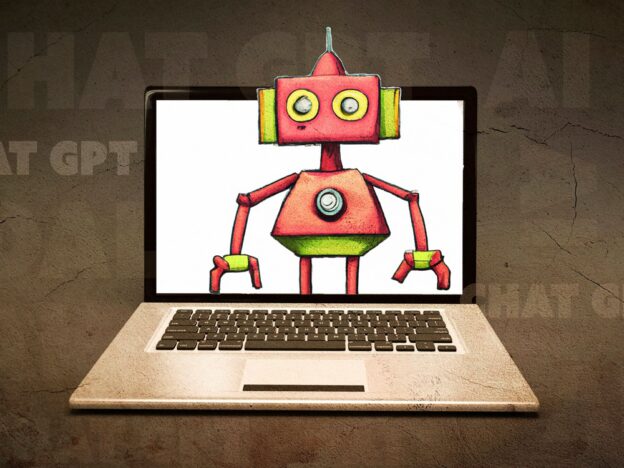 Ein aufgeklappter Laptop zeigt eine Illustration von einem sympathischen roten Roboter mit grünen Elementen, der aus dem Bildschirm zu steigen scheint. Im dunkelgrauen Hintergrund stehen Schlagworte wie "ChatGPT" und "AI"
