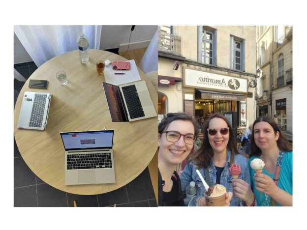 Auf einer Seite ein runder Holztisch mit drei aufgeklappten Laptops, bereit liegenden Smartphones und einer Flasche Wasser. Daneben das Bilder der drei Lektorinnen, die mit Eis in der Hand vor den bunten Läden und Shops der Altstadt in Montpellier stehen. Das Eis von zwei Frauen ist geformt wie eine Rose.