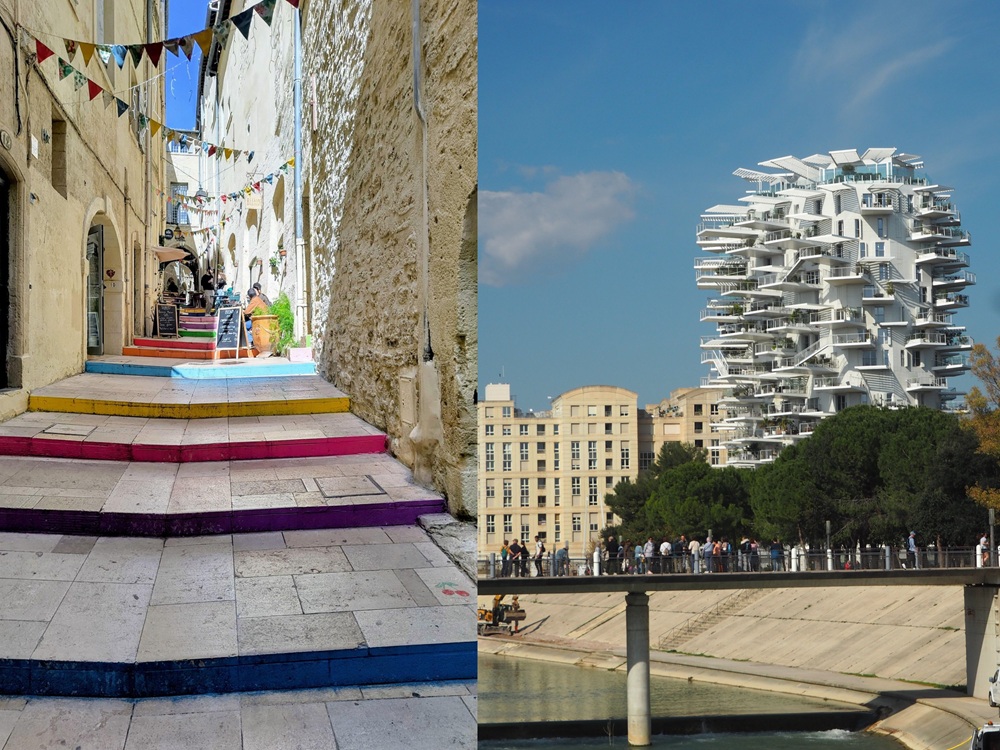 Links die bunten Treppen Montpelliers: eine Gasse mit ca. 1 m voneinander entfernten, flachen Treppenstufen, deren vertikale Seite jeweils in einer Farbe bemalt ist: Eine ist blau, eine lila, rosa, gelb, türkis ... Daneben ein weißes Hochhaus, aus dem wild versetzt ganz viele Balkone weit hinausragen, so wie Sprungbretter im Schwimmbad.
