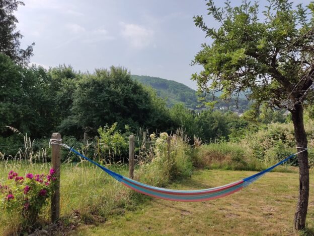 Eine blau-rote Hängematte hängt vor günen Bäumen und Tälern, seitlich wachsen rote Blumen förmlich ins Bild hinein. Alles wirkt friedlich unter blauem Himmel.